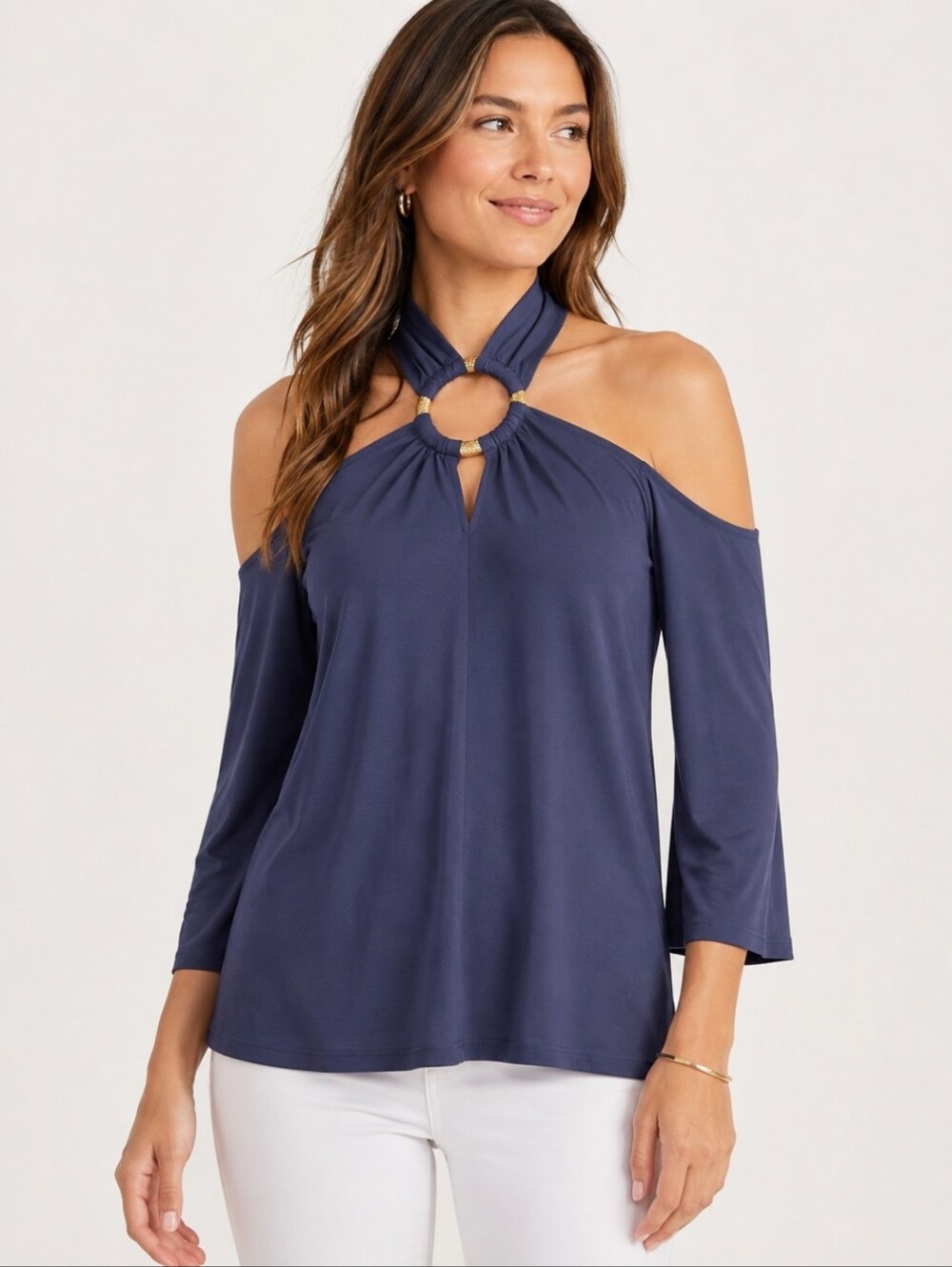Michael Kors Cold Shoulder High Halter Neckline Top Blue Gold Ring O-Ring XS